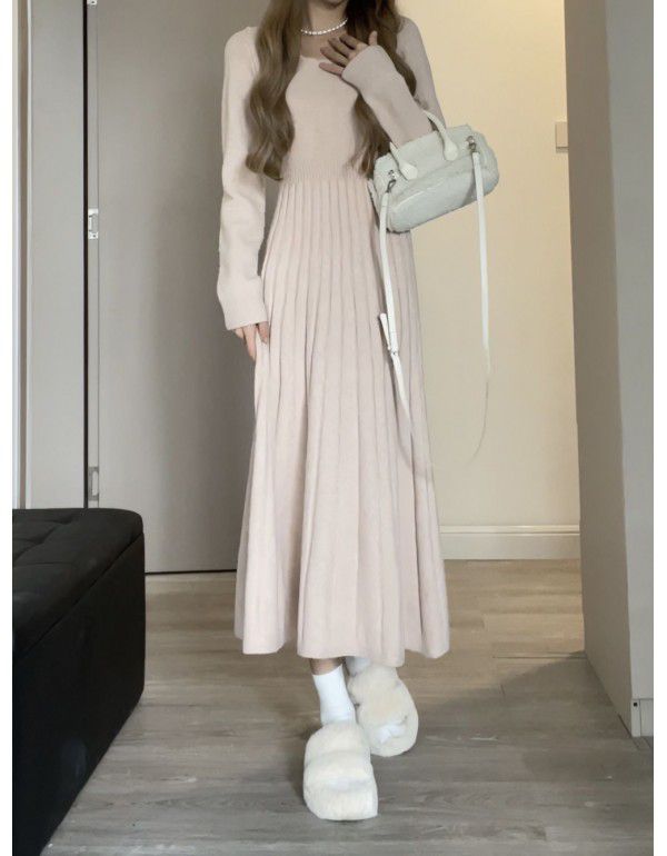 French Long Sleeve Knitted Dress Women's Autumn and Winter New Style Underlay Soft Hepburn Sweater Skirt