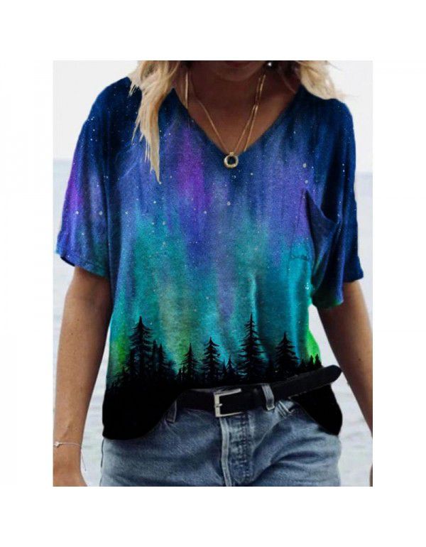 Summer New Landscape Painting Print V-Neck Short S...