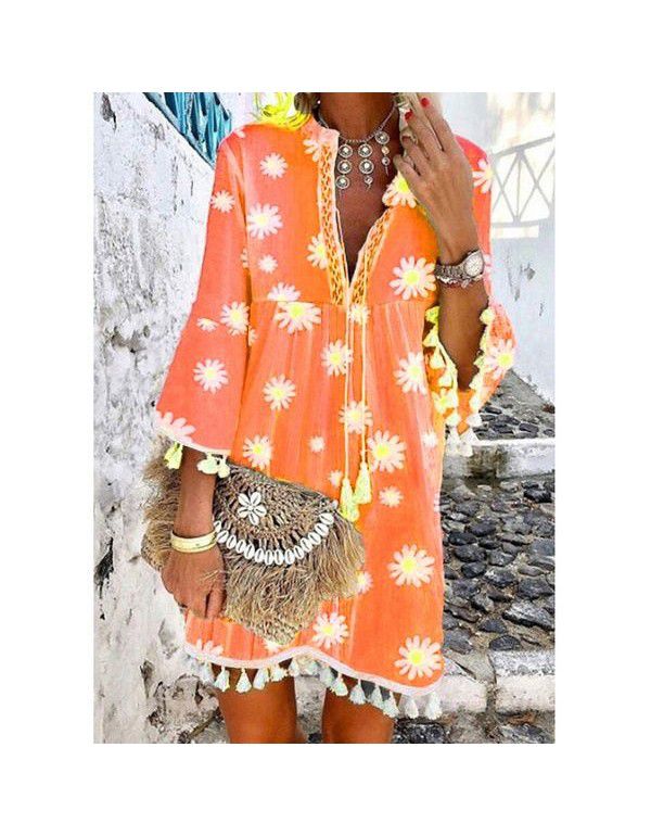 PRINTED DAISY 3/4 SLEEVE FRINGE V-NECK PRINTED DRESS 