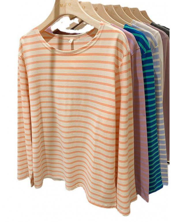 Cotton loose striped bottom shirt for women with spring and autumn Korean design sense long-sleeved T-shirt round neck versatile top 