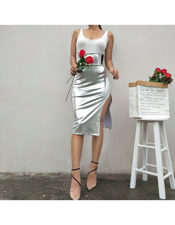 Summer New Silver Shiny Leather Split Skirt High Waist Mid Skirt Wrapped Hip Skirt