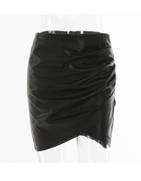 Irregular Solid Color Versatile Hip Wrap Half PU Leather Skirt for Women