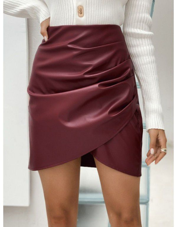 Irregular Solid Color Versatile Hip Wrap Half PU Leather Skirt for Women