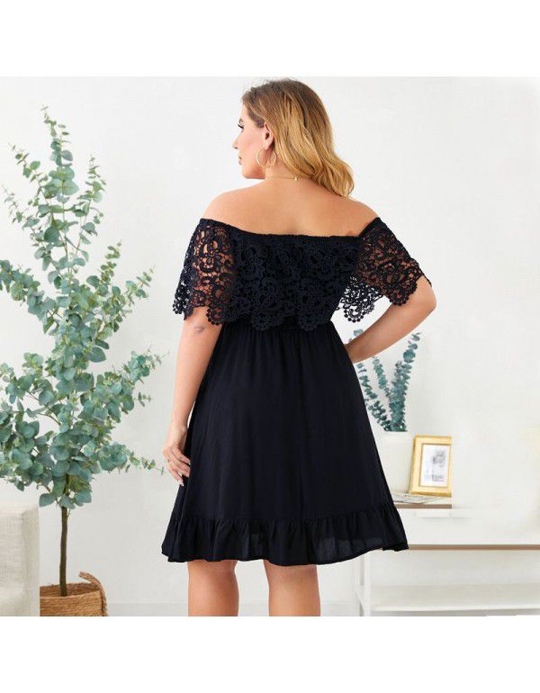 Shi Ying Summer New Lace Short Sleeve Large Size Dress Solid Line Neck Skirt