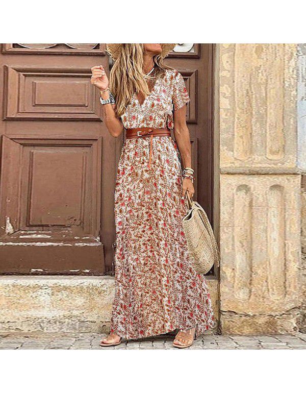 Popular European and American Bohemian style waistband printed long dress 