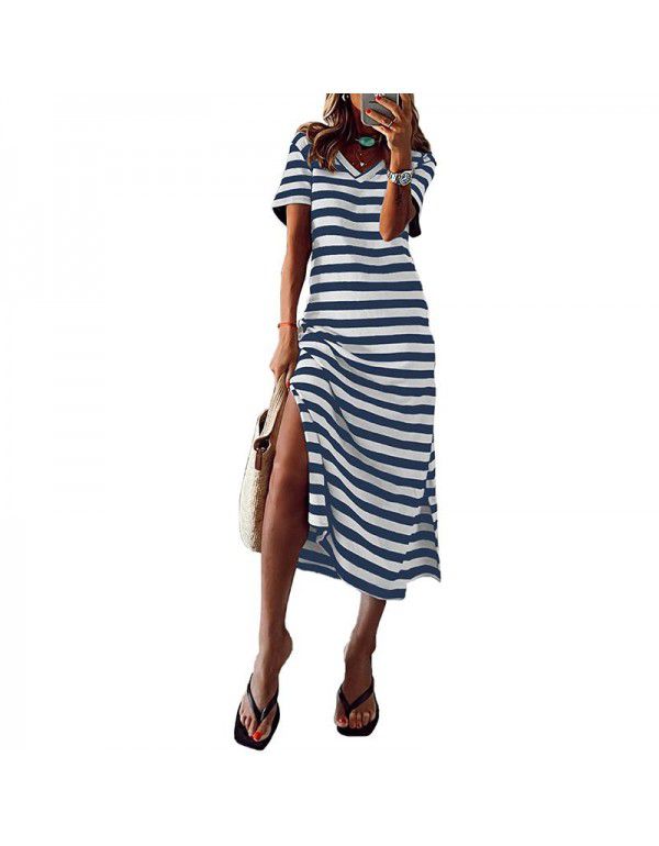 Long skirt with side slits New summer stripe print Short sleeve slim fit Slim drag dress