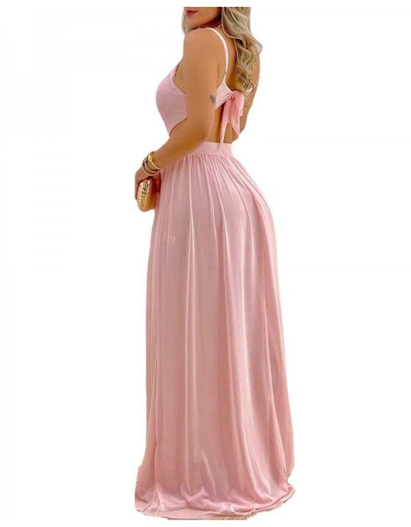 Spring and Autumn Mid-waist Solid Knee Length Straight Dress Pink Temperament Commuter Strap Long Dress Dress 