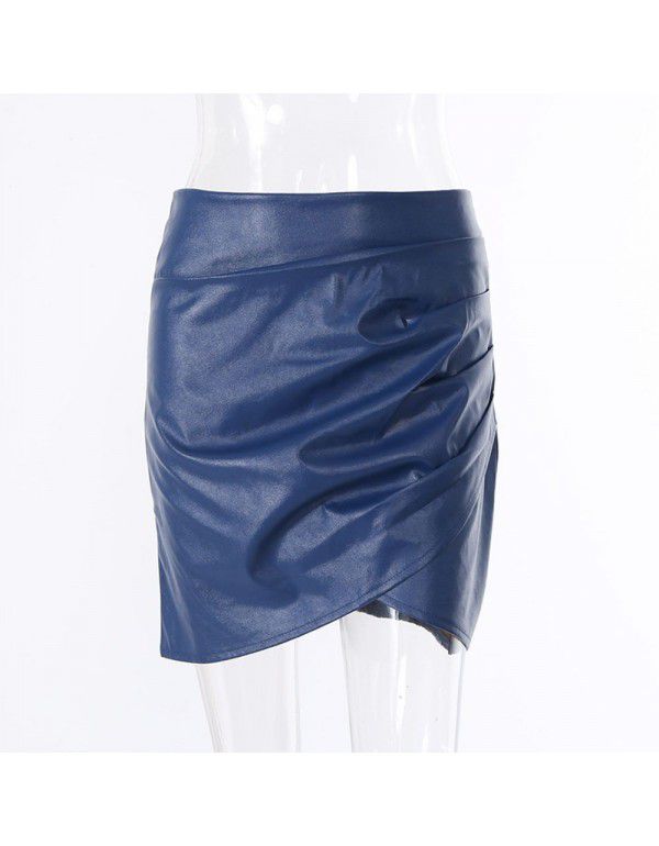 Irregular Solid Color Versatile Hip Wrap Half PU Leather Skirt for Women