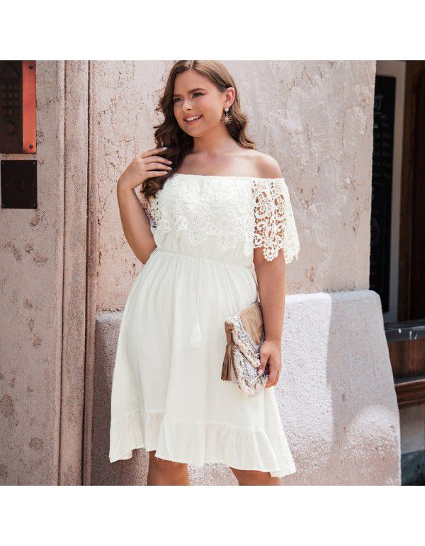 Shi Ying Summer New Lace Short Sleeve Large Size Dress Solid Line Neck Skirt