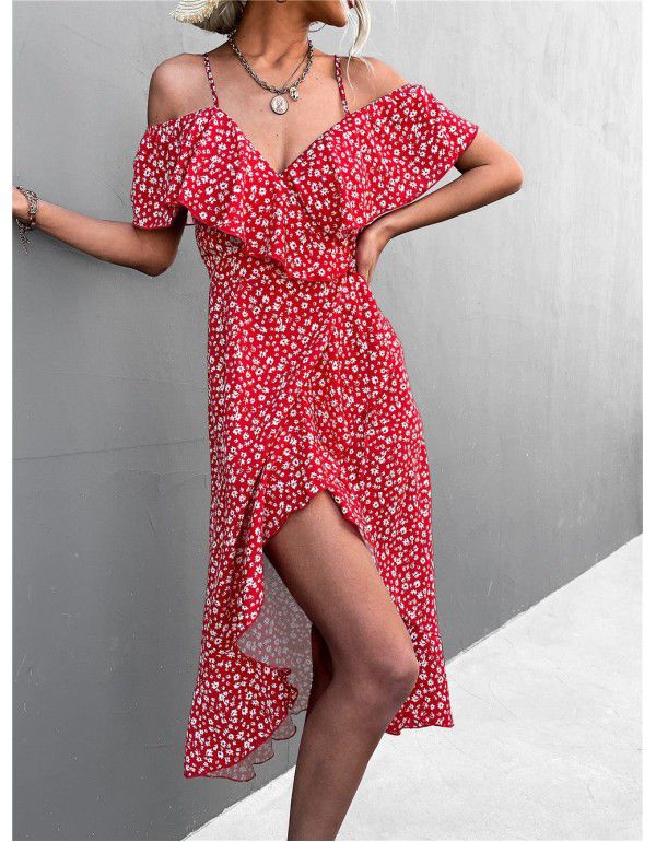 Popular Off Shoulder Floral Strap Dress Irregular Long Dress