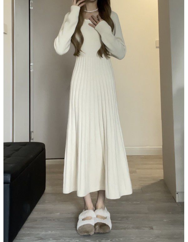 French Long Sleeve Knitted Dress Women's Autumn and Winter New Style Underlay Soft Hepburn Sweater Skirt