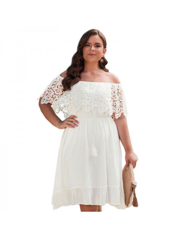 Shi Ying Summer New Lace Short Sleeve Large Size Dress Solid Line Neck Skirt