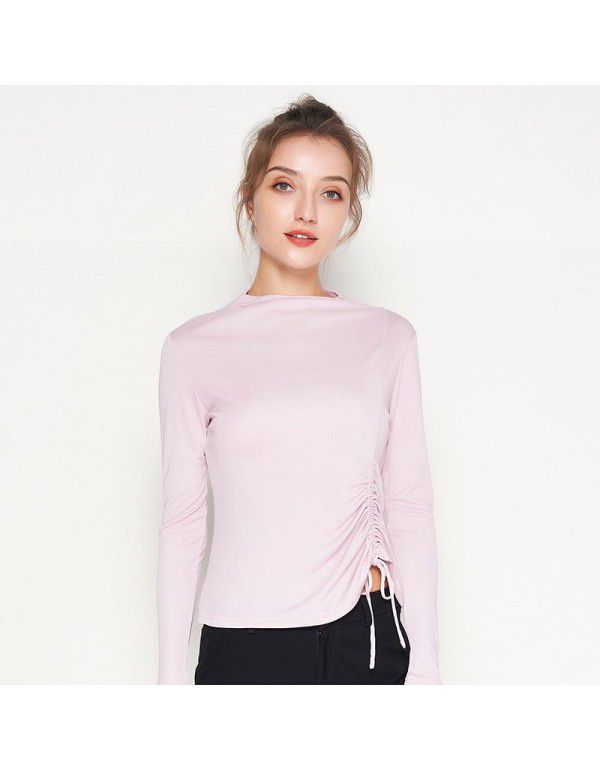 Spring New Silk Underlay Women's Long Sleeve T-shirt Silk Drawstring Slim Fit Medium High Neck Top 