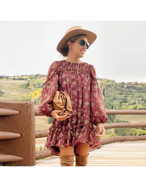 Shiying Red Ruffled Loose Sleeve Dress Women's Loo...