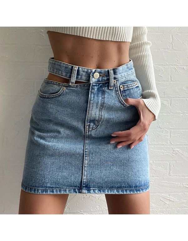 Hollow out Denim Skirt High Waist Slim Casual Wrap...