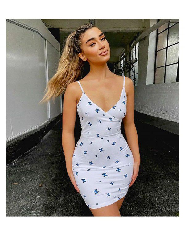 Butterfly Print Slim Fit Slim Strap Dress Generation Sexy Wrap Hip Dress Women