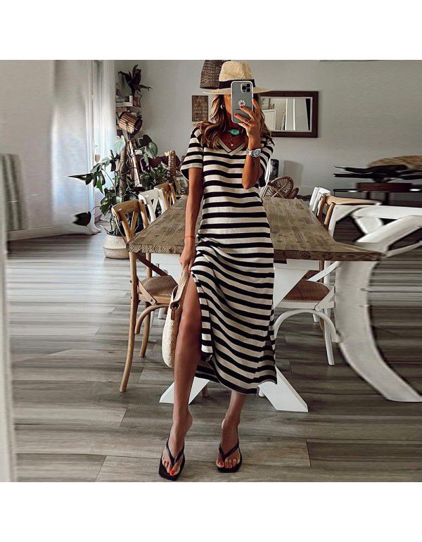 Long skirt with side slits New summer stripe print Short sleeve slim fit Slim drag dress