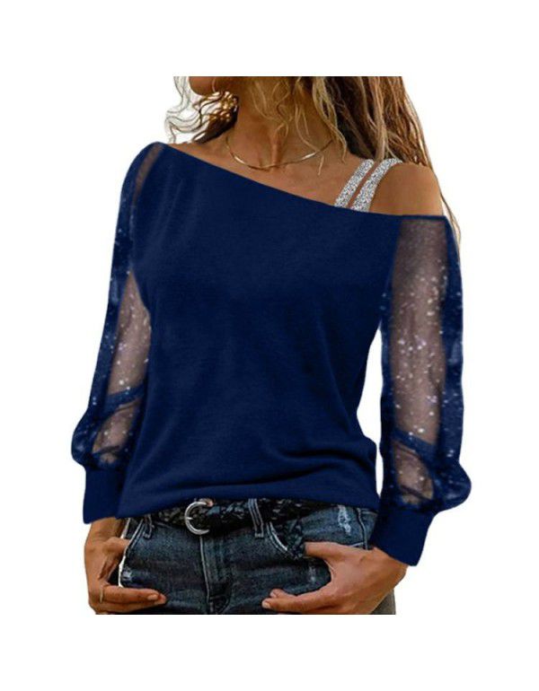 European and American mesh stitching V-neck hanging neck fashion versatile commuting T-shirt in stock