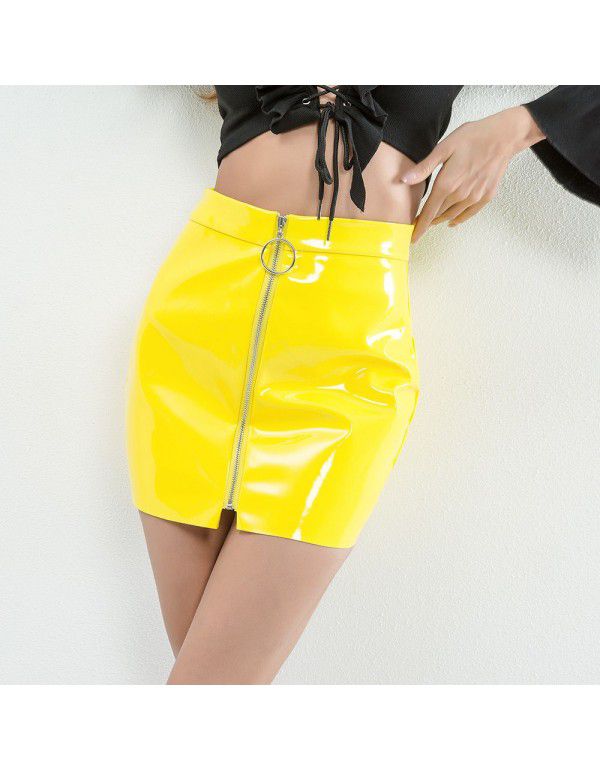 Circular Zipper Skirt High Quality Shiny Leather PU Slim Fit Skirt 