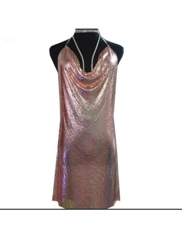 European and American Women's Open Back Metallic Sequins Sexy Strap V-Neck Hanging Neck with Diamond Chain Nightclub Split Dress