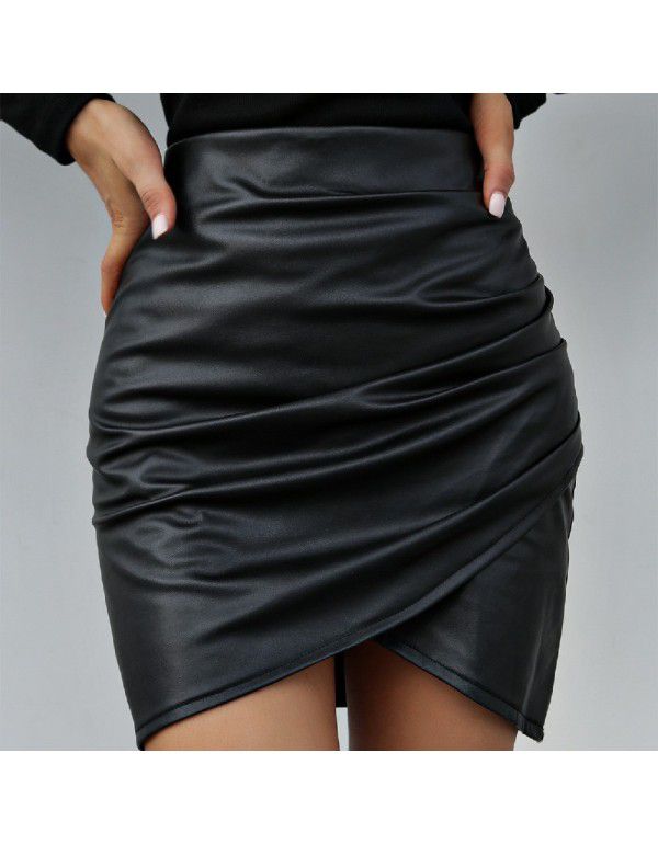 Irregular Solid Color Versatile Hip Wrap Half PU Leather Skirt for Women