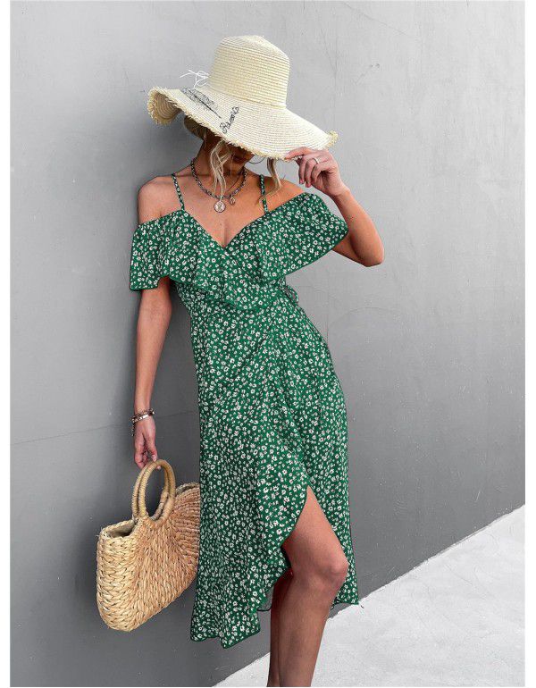 Popular Off Shoulder Floral Strap Dress Irregular Long Dress