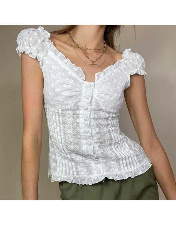 Pure sexy lace panel pleated slim button V-neck sh...