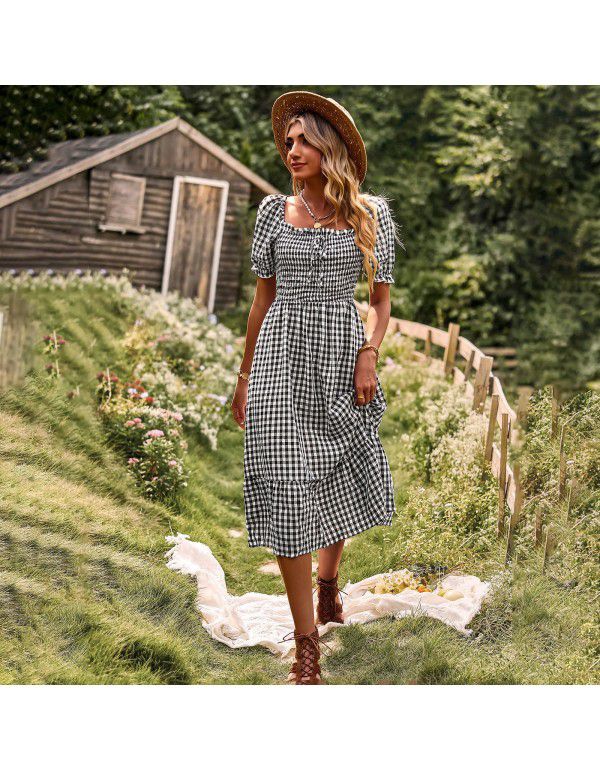 Checkered Dress Spring Summer Leisure Holiday Off Shoulder Women's Dress