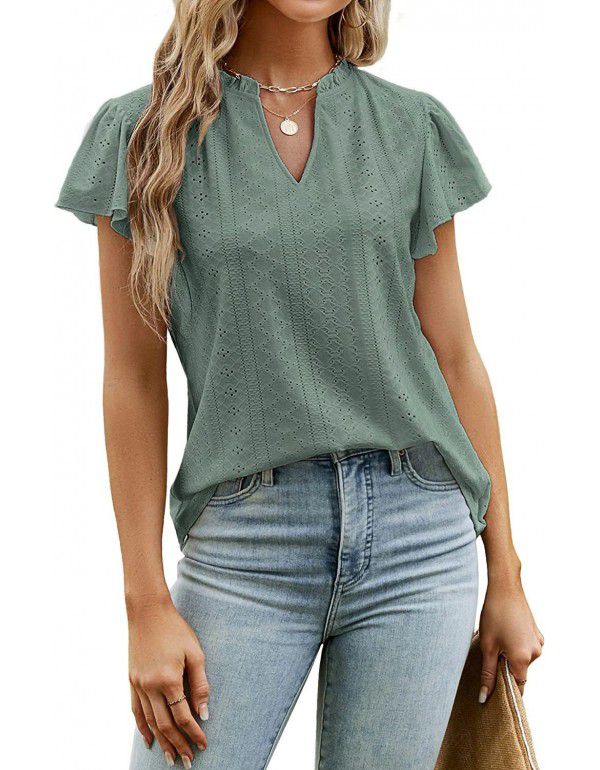 European and American loose solid color v-neck ruffle sleeve jacquard T-shirt blouse 