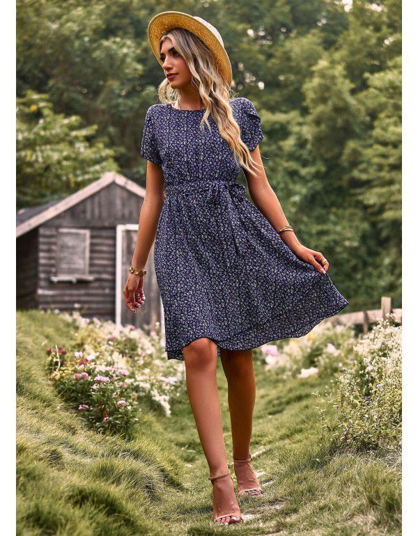 Round Neck Temperament Casual Dress Summer Lace Waist Women's Dress 