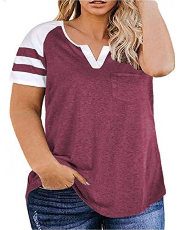 Amazon New Women's Plus Size Top Summer V-neck Raglan Sleeve T-shirt Pocket Style