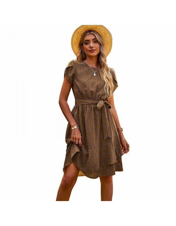 Round Neck Temperament Casual Dress Summer Lace Waist Women's Dress 