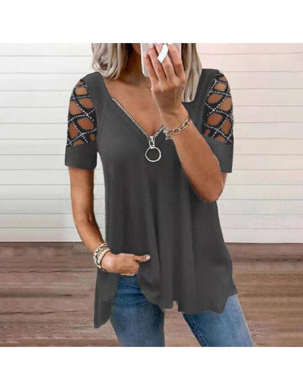 Fashion V-neck Solid Cut Out Short Sleeve Hot Diamond Casual Top