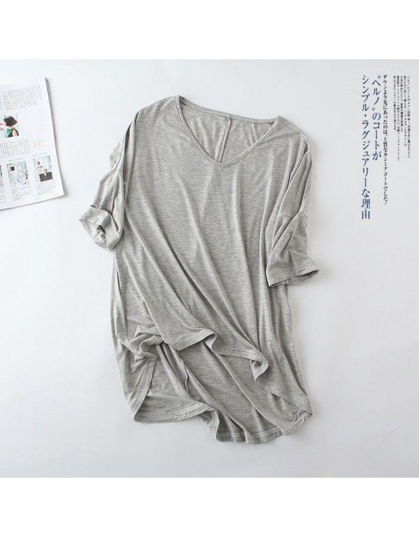 Spring and summer new Modal bat sleeve medium sleeve t-shirt women's casual Korean V-neck solid color large half sleeve bottom shirt 