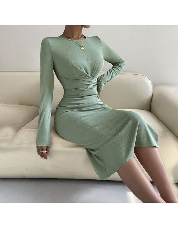 European and American Women's New Round Neck Slim Fit Wrap Hip Midlength Dress Long Sleeve Dress