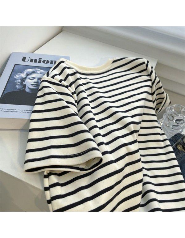 Brushed Stripe Round Neck Short Sleeve T-shirt Women's Spring Loose Beige Apricot Stripe Bottom Top 