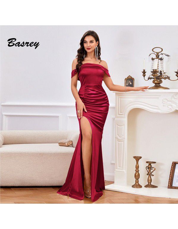 Fashion Premium Off Shoulder Tinted Split Evening Dress Bridesmaid Dress Long Dress