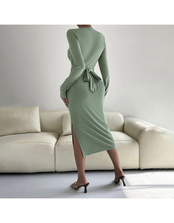 European and American Women's New Round Neck Slim Fit Wrap Hip Midlength Dress Long Sleeve Dress