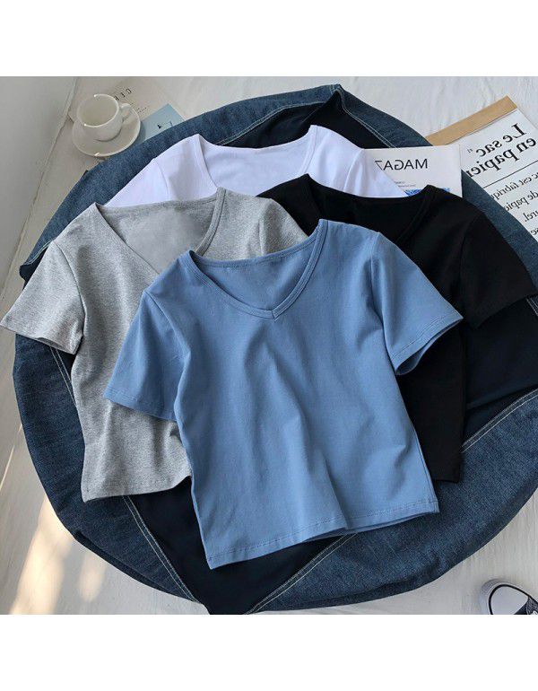 Ins high-waisted short top v-neck short-sleeved t-shirt women's summer clothes fashion hong kong style chic half-sleeved solid color t-shirt 