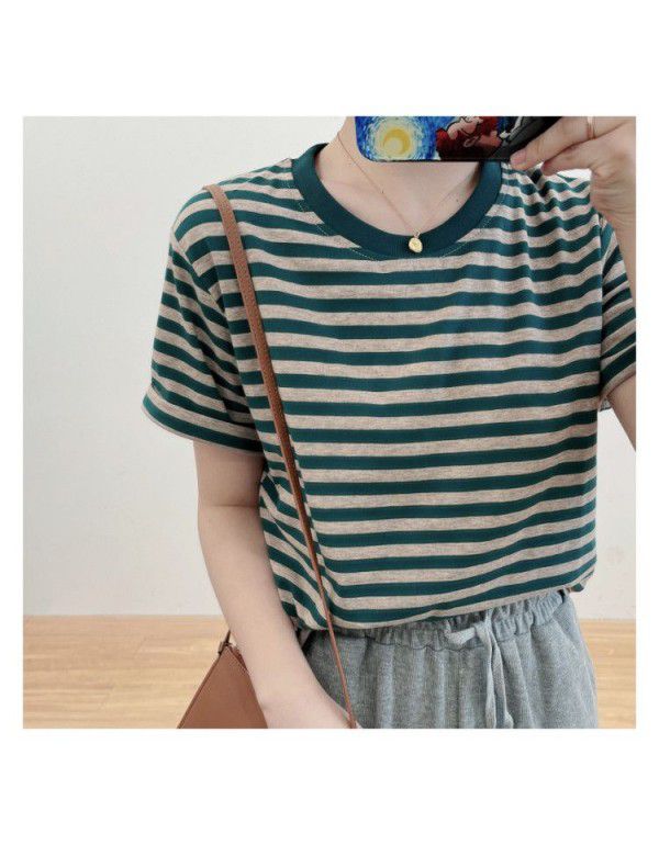 Stripe Color Matching Short Sleeve T-shirt Women's Ins Fashion Women's Pure Cotton Bottom Shirt 2023 Summer Loose Design Feel Top Wholesale