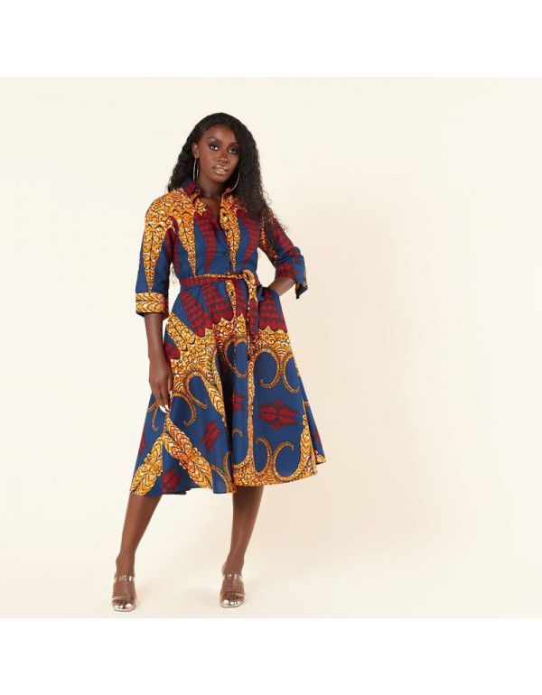 African Fashion Women's Long Sleeve Printed Shirt Dress Small Autumn Shirt Loose Mom's Dress