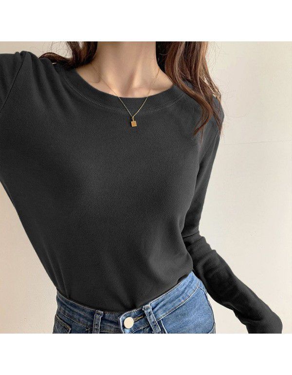 Double-sided German velvet bottom shirt Women's wear with 2023 autumn and winter brushed long sleeve T-shirt Women's Korean version white round neck top 