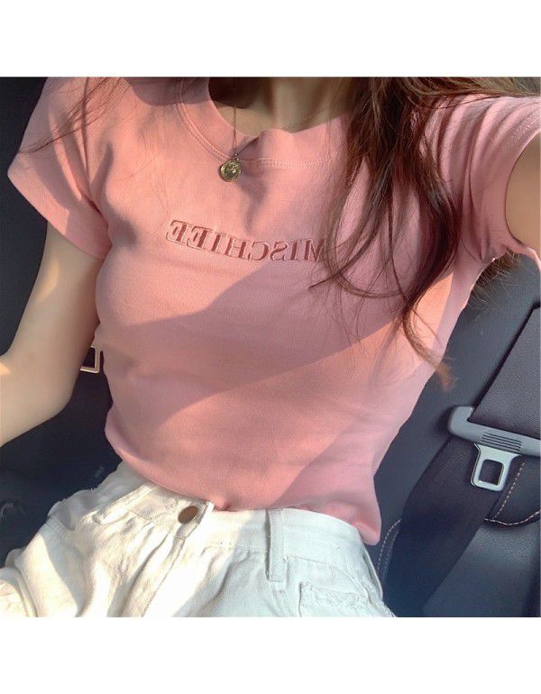 Letter Embroidery 2021 Summer South Korea New Short Sleeve T-shirt Female Slim Student Clothing Female Top Women's Clothing Wholesale 