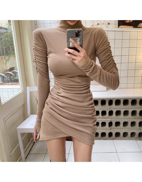 Korea Dongmen Korean Version Slim Fit Wrinkled High Waist Wrapped Hip Skirt High Neck Long Sleeve Bottom Dress