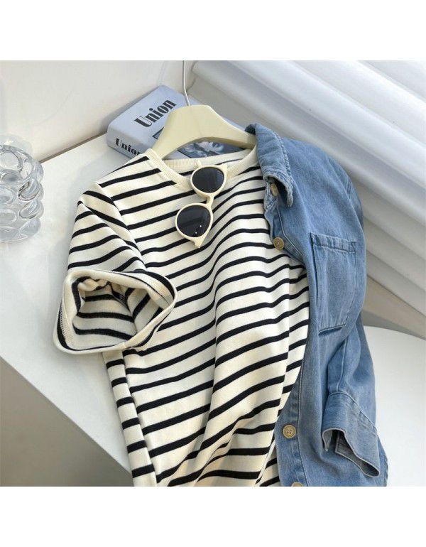 Brushed Stripe Round Neck Short Sleeve T-shirt Women's Spring Loose Beige Apricot Stripe Bottom Top 