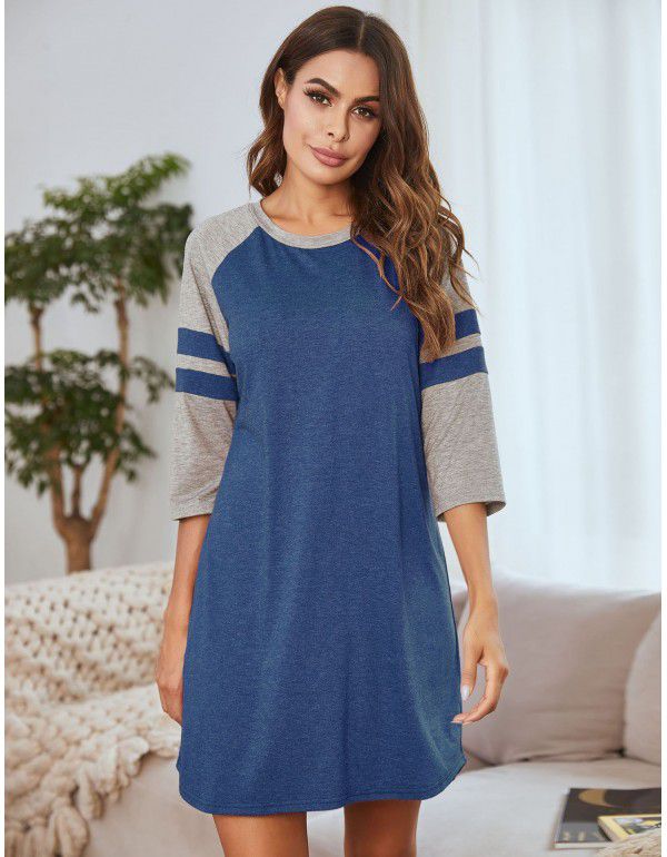 European and American women's dress patchwork color contrast round neck household clothes pajamas 