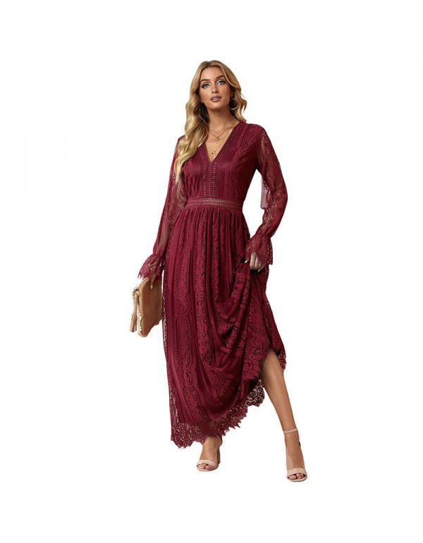 Shiying European and American v-neck pullover waist dress autumn new lace dress 