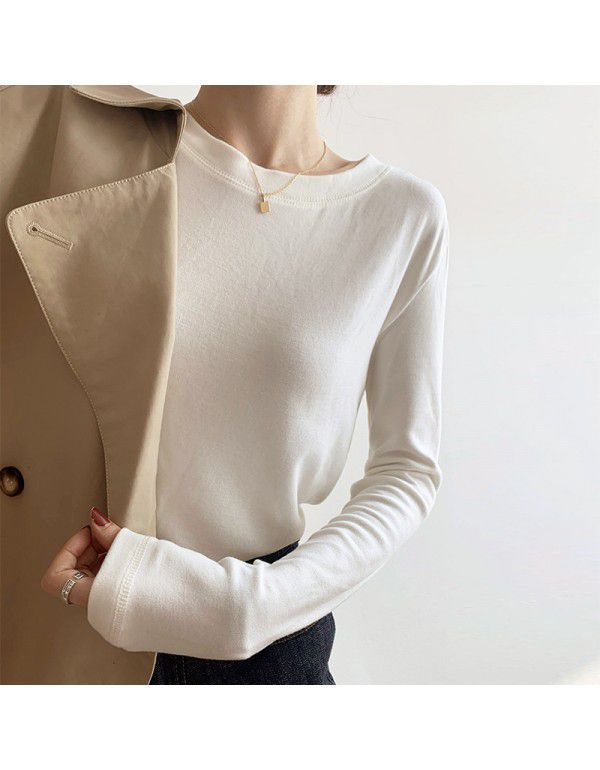 Double-sided German velvet bottom shirt Women's wear with 2023 autumn and winter brushed long sleeve T-shirt Women's Korean version white round neck top 