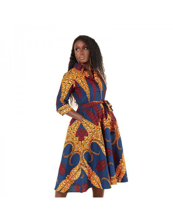 African Fashion Women's Long Sleeve Printed Shirt Dress Small Autumn Shirt Loose Mom's Dress