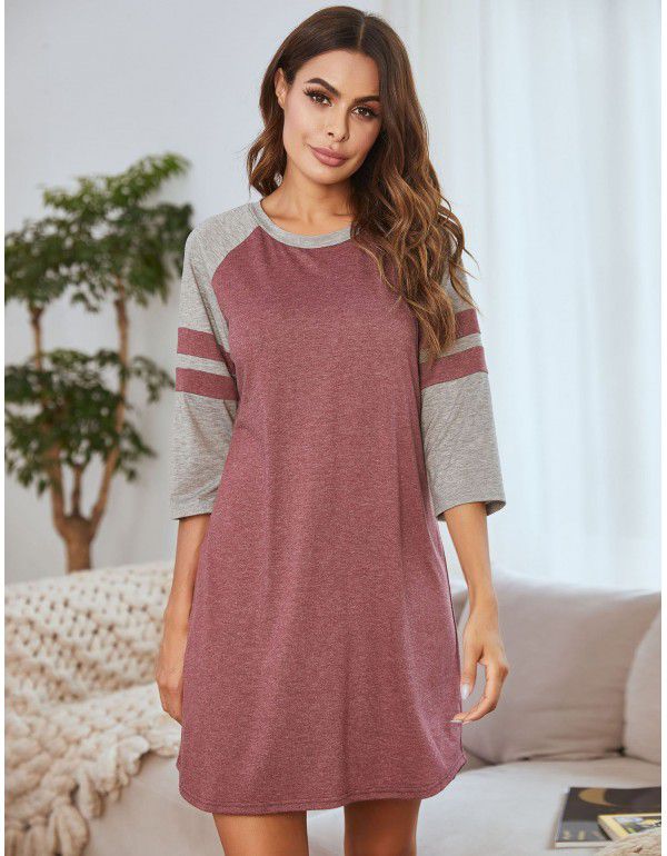 European and American women's dress patchwork color contrast round neck household clothes pajamas 